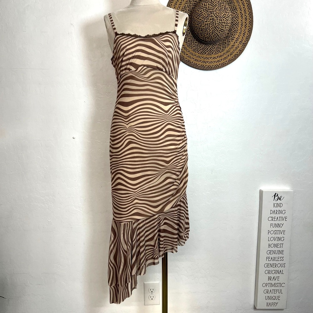 Wild Fable Brown Zebra Print Mesh Midi Dress S Asymmetric Ruffle Y2K stretchy